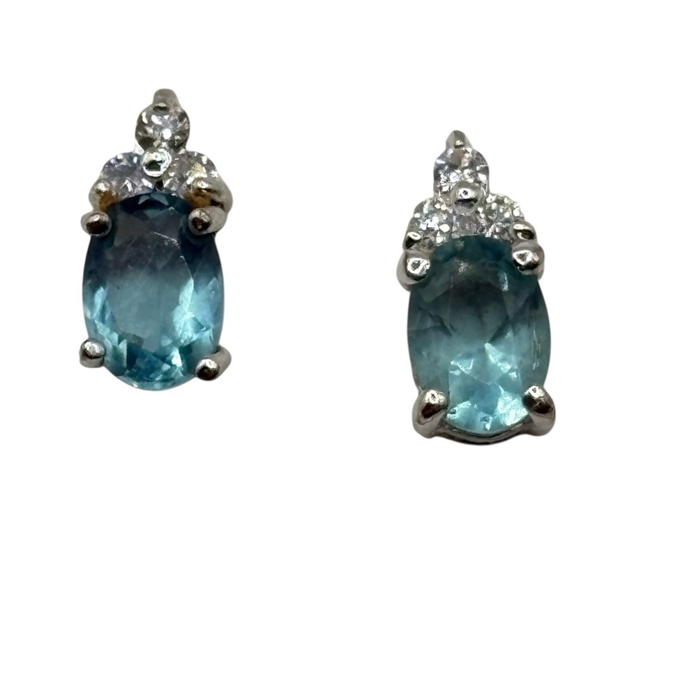 Stimulated Aquamarine Stud‎ Earrings Sterling Sliver 925 CZ Accents Post by FAS - Picture 6 of 14
